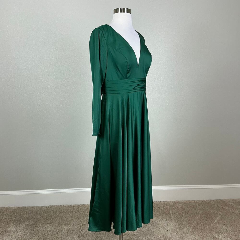 Mac Duggal 67527 Green Cocktail Dress Satin Long Sleeve Fit & Flare Midi Size 14 - Picture 3 of 12